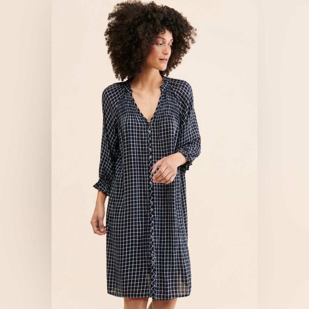 Maeve Anthropologie Navy Grid Print Button Front Dress Medium Viscose